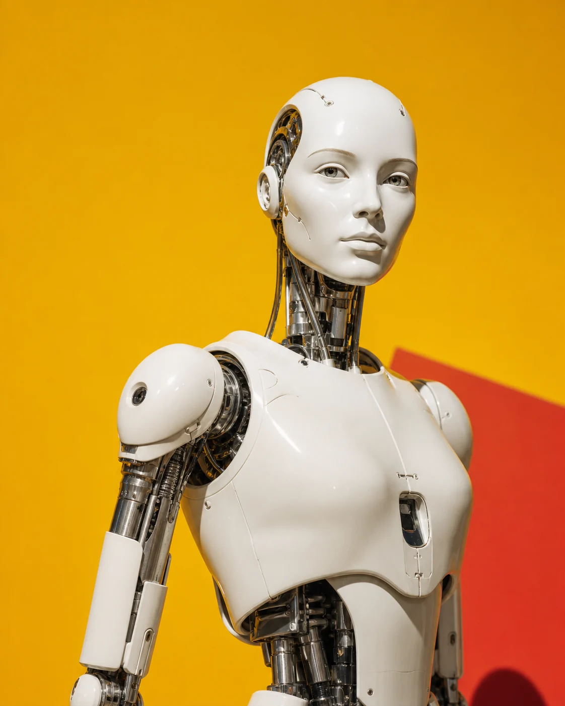 Elegant white humanoid robot photographed against a bright yellow backdrop
