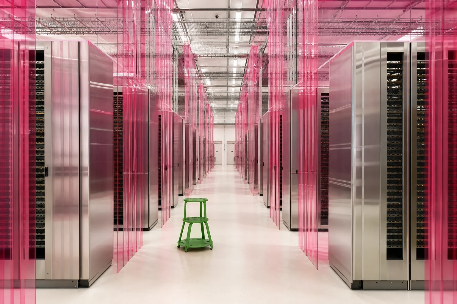 Bright modern data centre with translucent pink cooling curtains