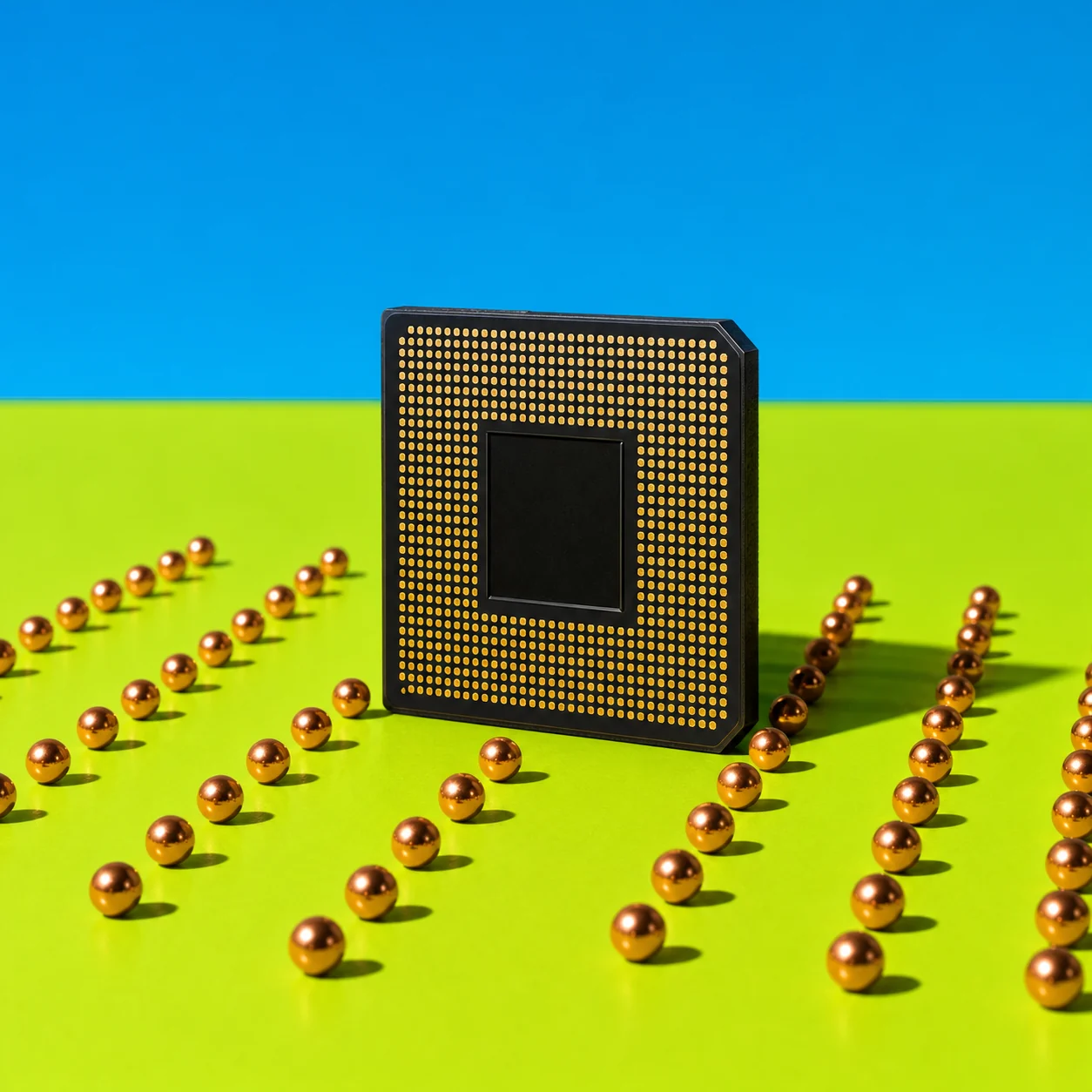 Microchip standing among polished copper spheres on a bright green surface