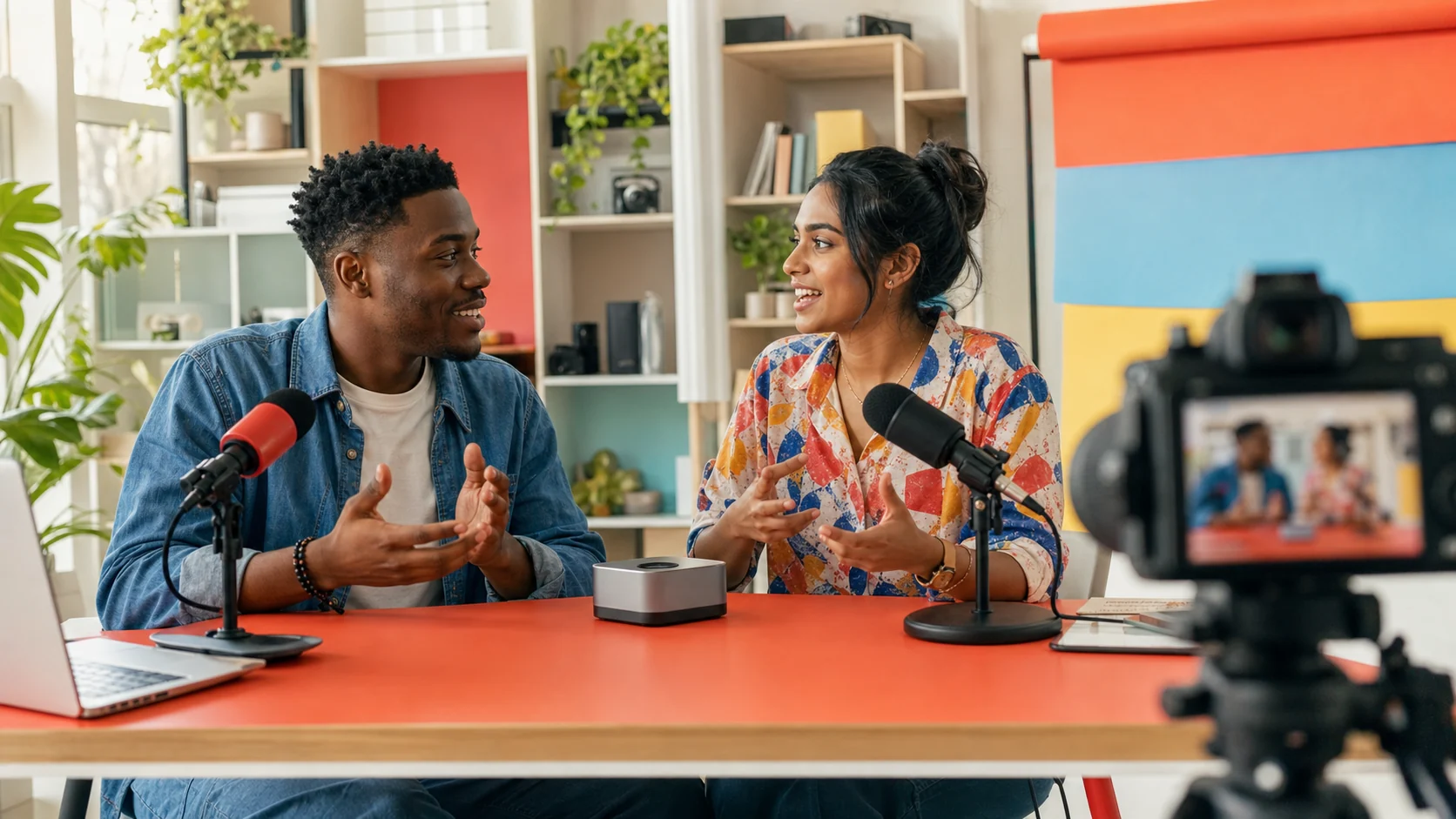 Two CircuitHive technology hosts recording a discussion in a bright studio